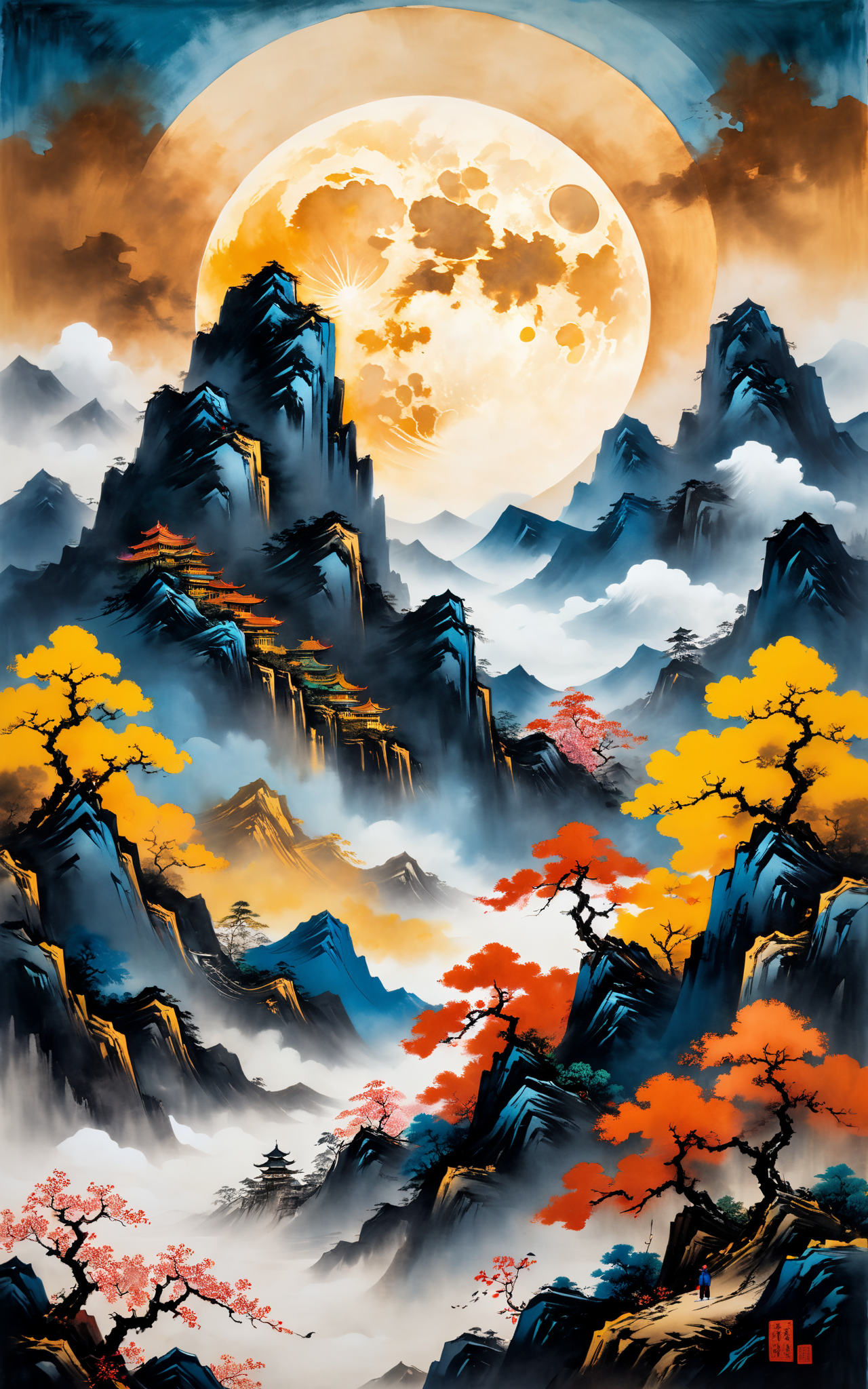 05562-3616964518-A Chinese style painting of a mountain with a moon in the sky, intricate and ornate Chinese ink style, impasto style, beautiful.png